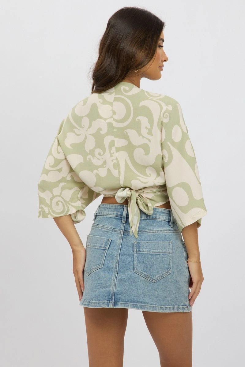 Green Abstract Tie Up Bolero Short Sleeve