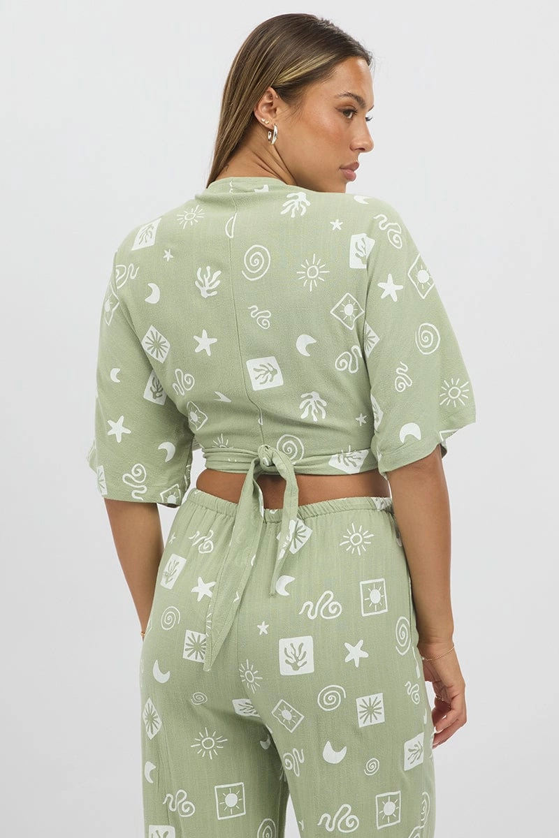 Green Abstract Tie Up Bolero Short Sleeve