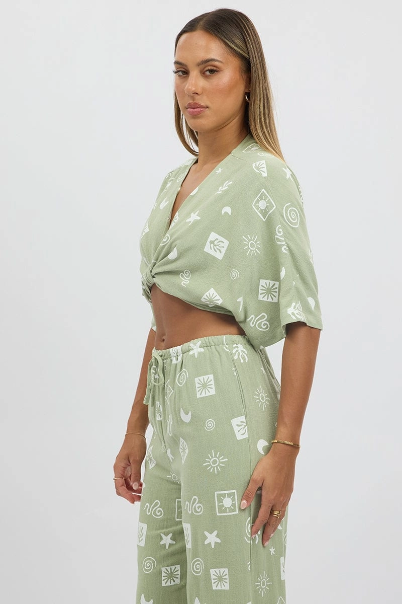 Green Abstract Tie Up Bolero Short Sleeve