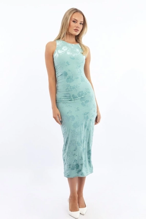 Green Bodycon Dress Round Neck Sleeveless Burnout