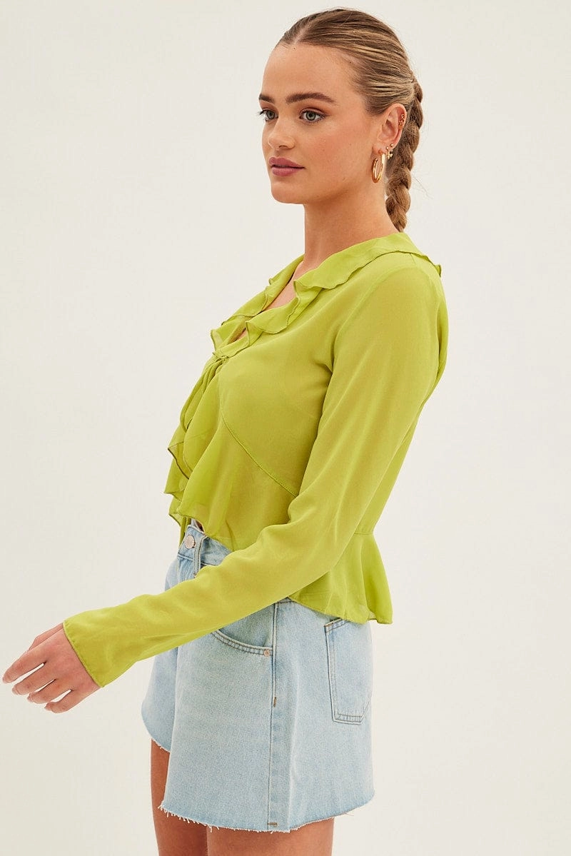 Green Bolero Flare Long Sleeve Frill V Neck Tie Chiffon