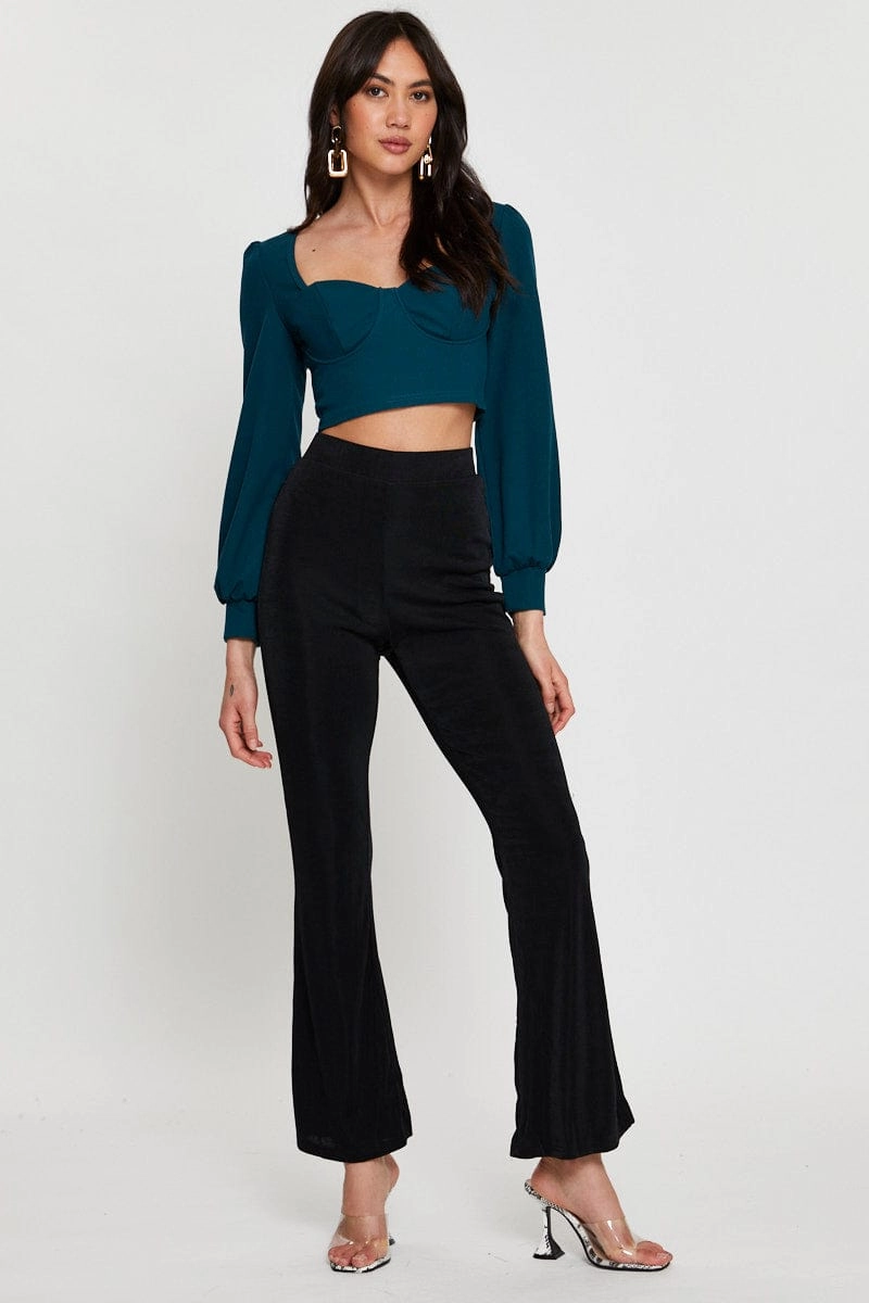 Green Crop Top Long Sleeve Sweetheart