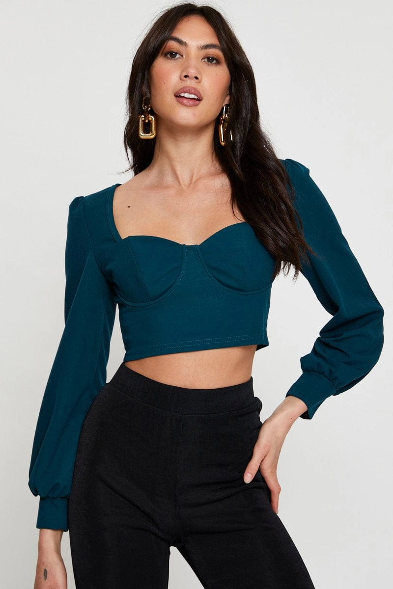 Green Crop Top Long Sleeve Sweetheart
