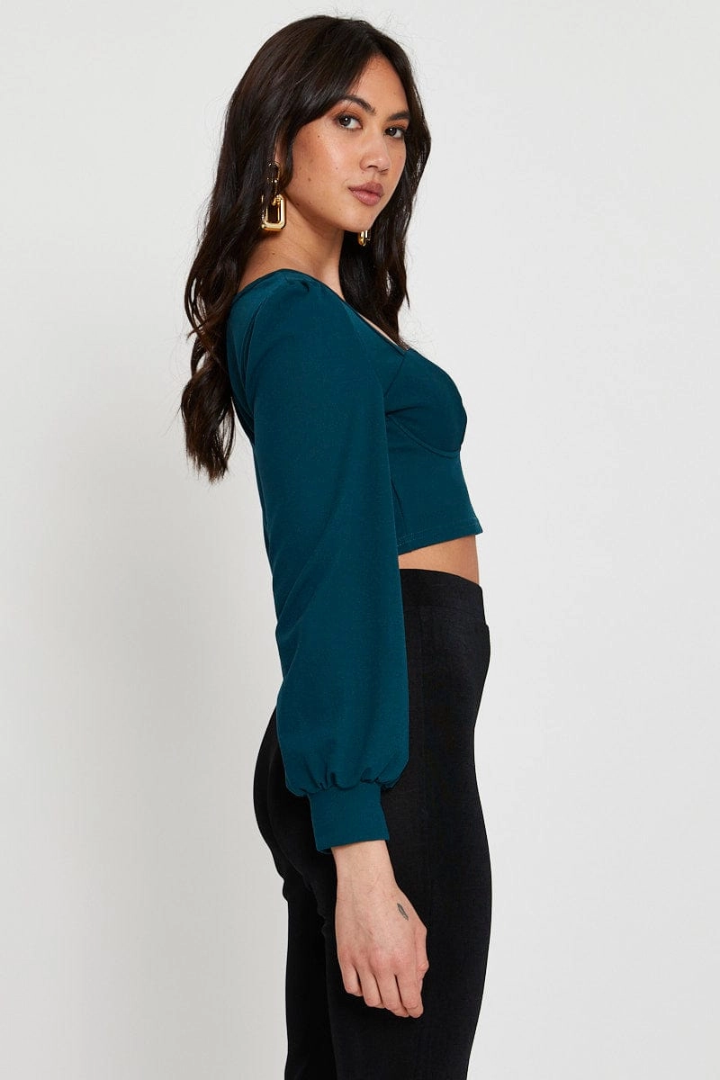 Green Crop Top Long Sleeve Sweetheart