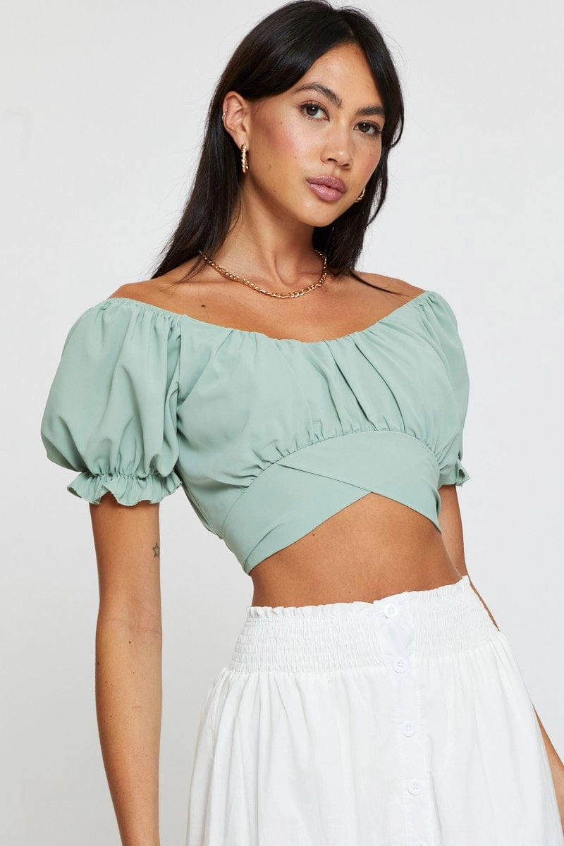Green Crop Top Short Sleeve Off Shoulder