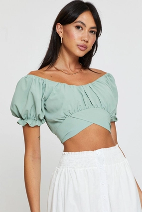 Green Crop Top Short Sleeve Off Shoulder