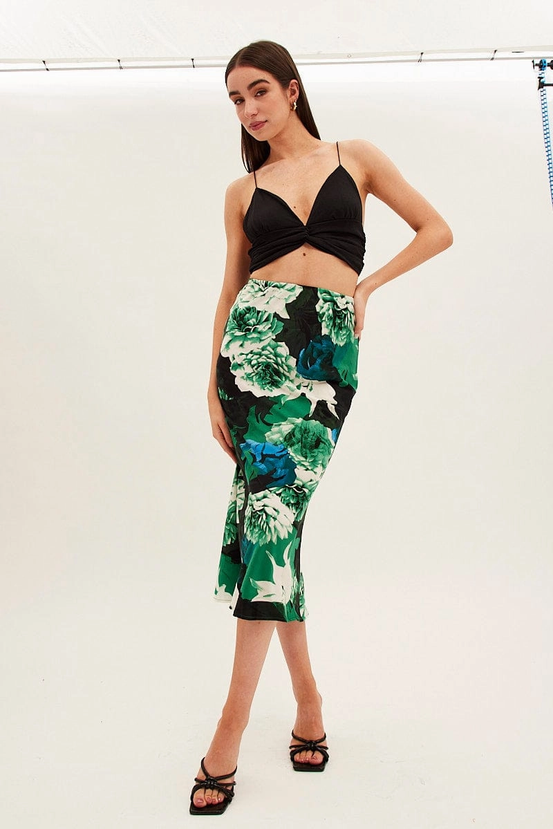 Green Floral Slip Skirt Midi Floral Satin