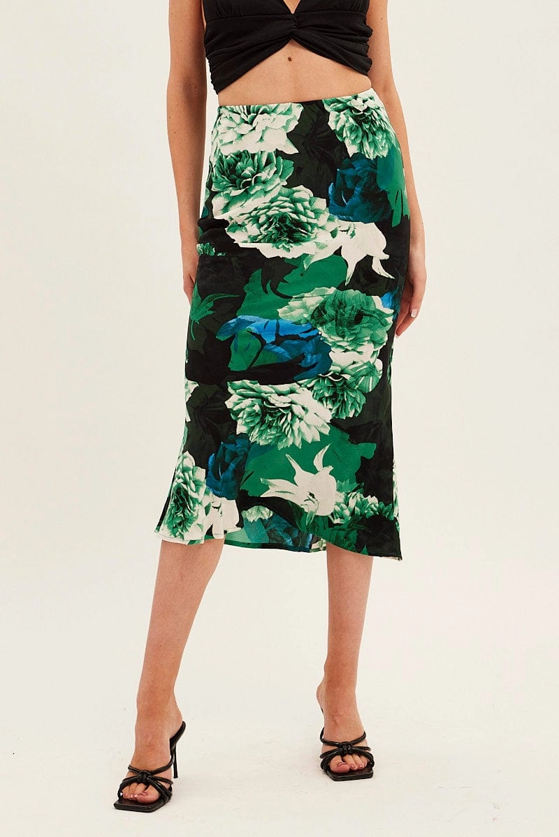 Green Floral Slip Skirt Midi Floral Satin