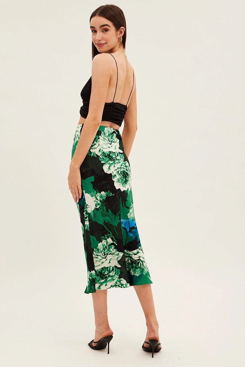Green Floral Slip Skirt Midi Floral Satin