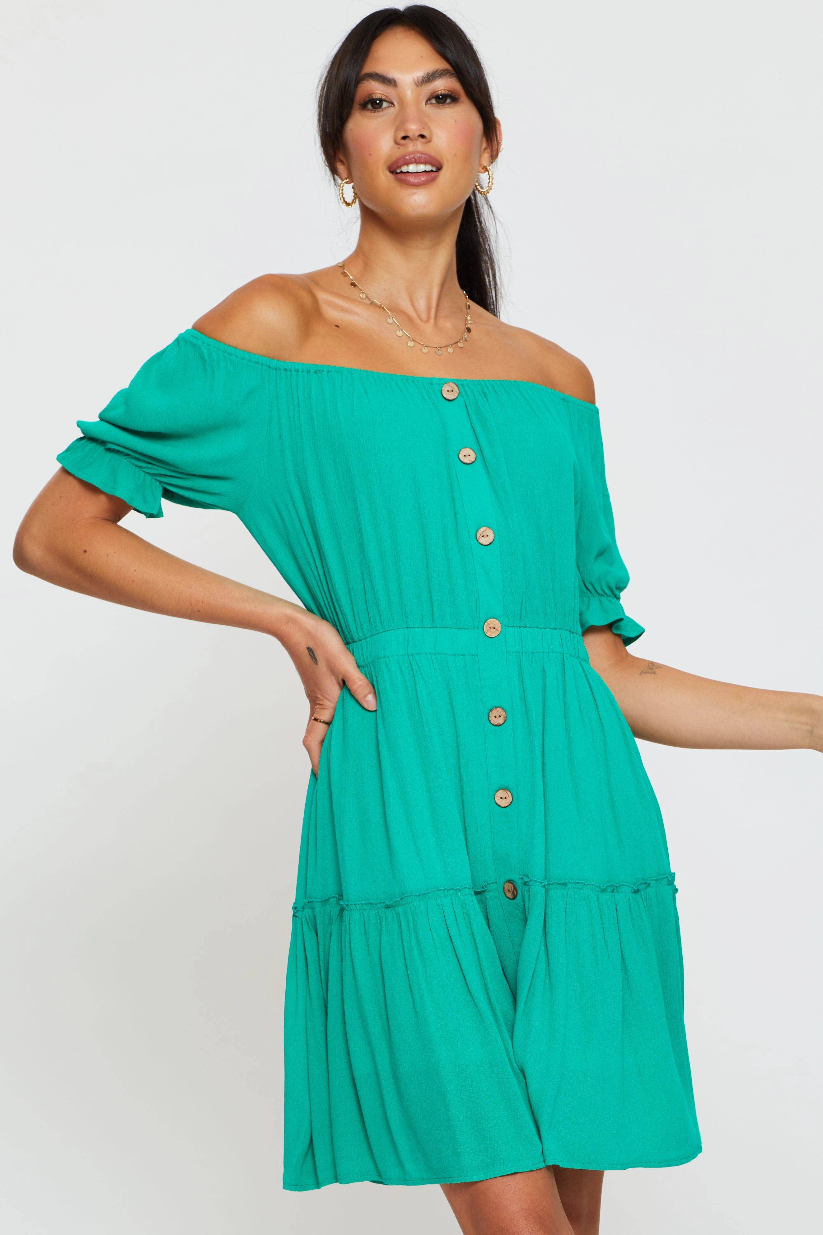 Green Mini Dress Off Shoulder Linen