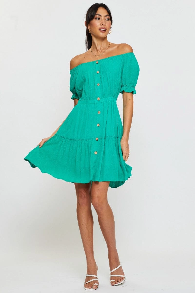 Green Mini Dress Off Shoulder Linen