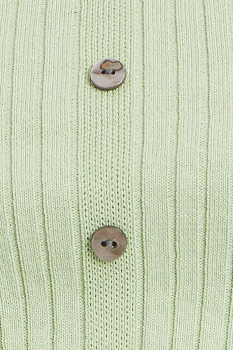 Green Short Sleeve Rib Knit Scoop Neck Button Detail Cro