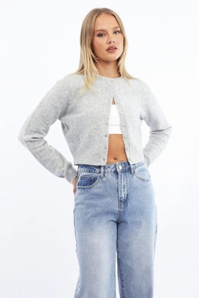Grey Fitted Cardigan Buttons Up Crew Neck