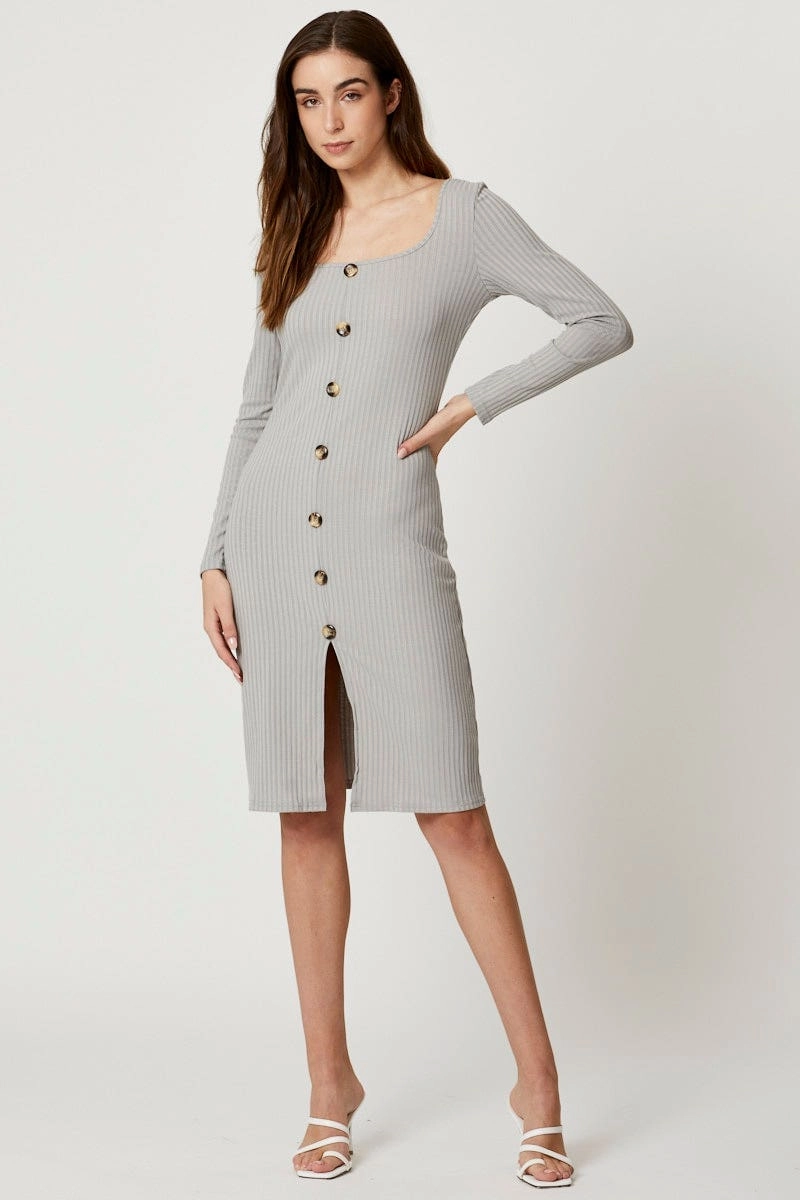 Grey Rib Button Front Dress