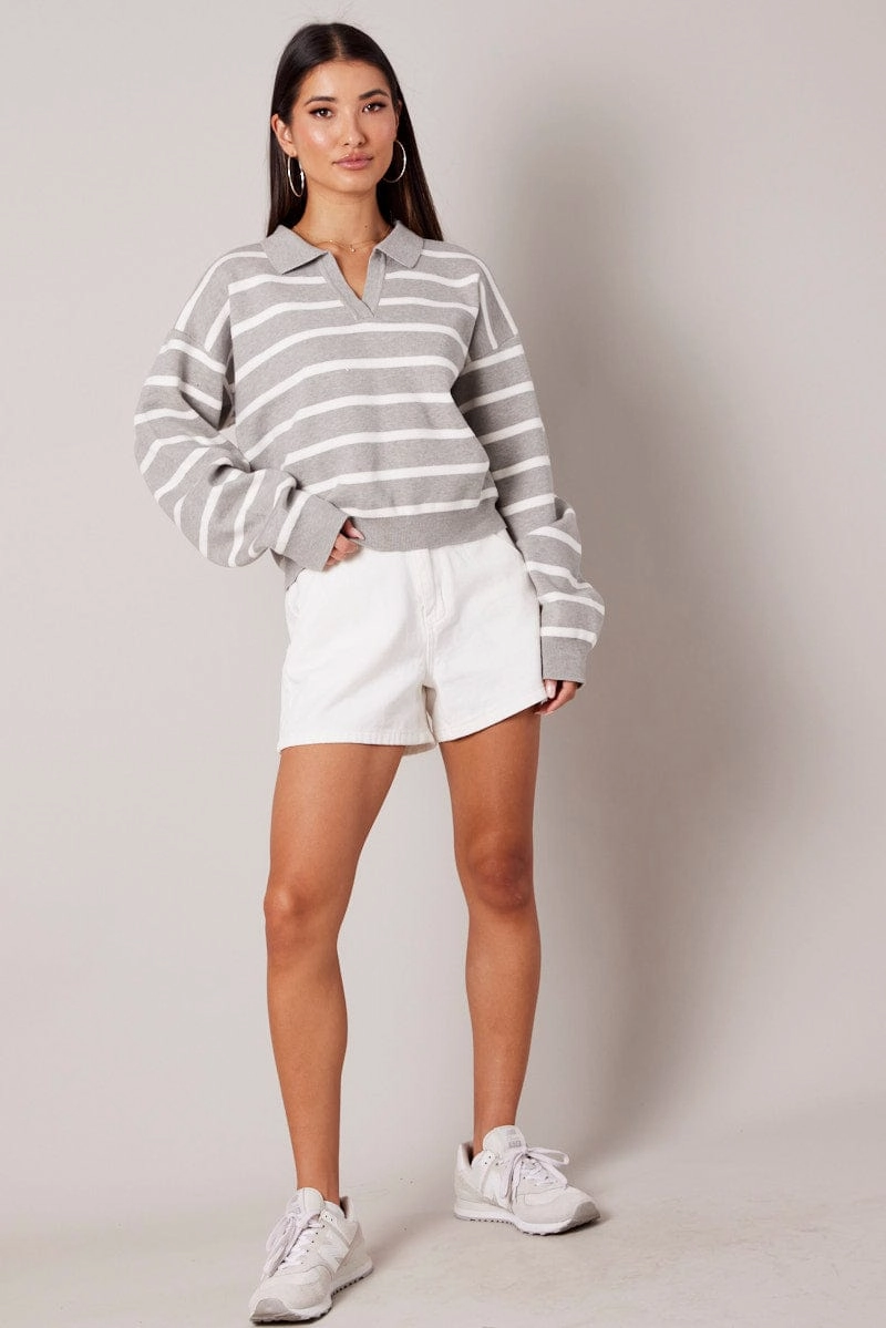 Grey Stripe Knit Top Long Sleeve Collar