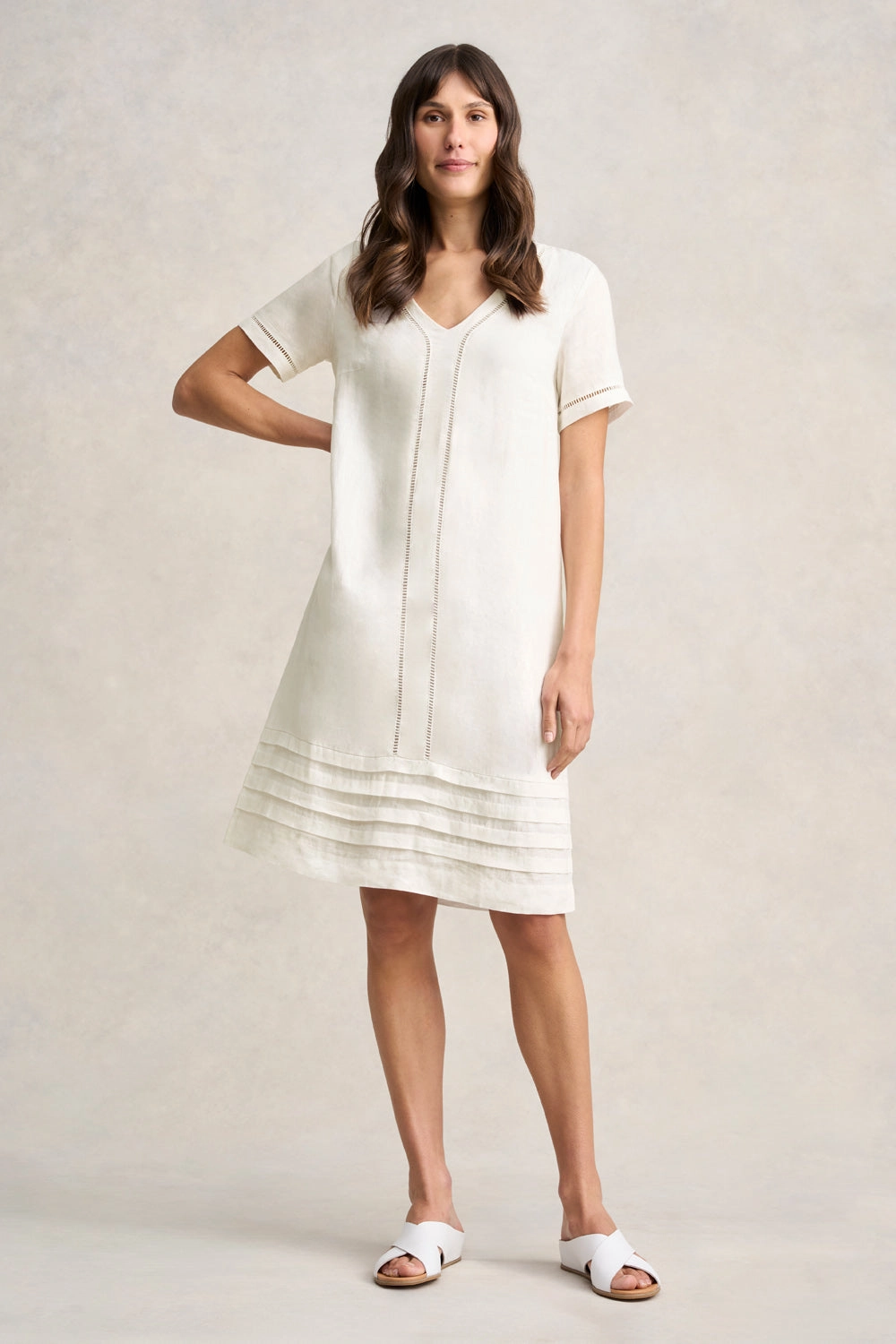 Ladder Trim Linen Dress - Chalk