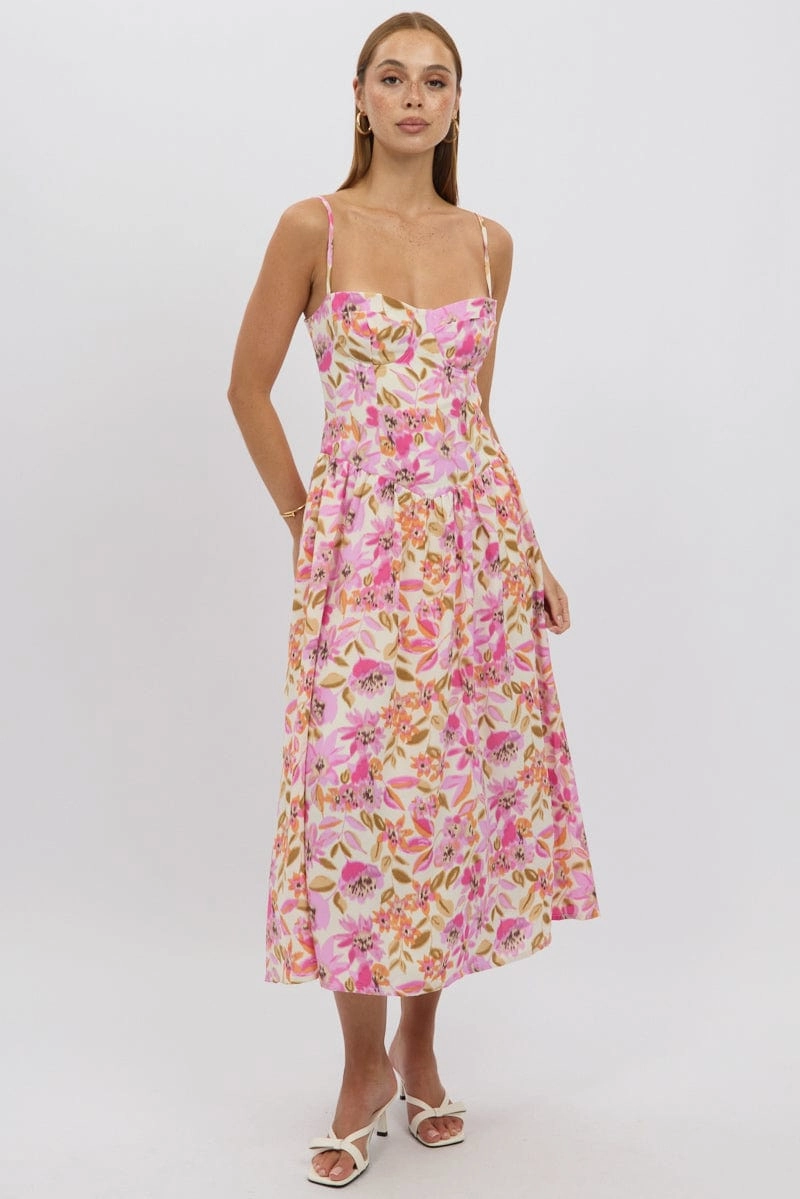Multi Floral Midi Dress Corset Detail