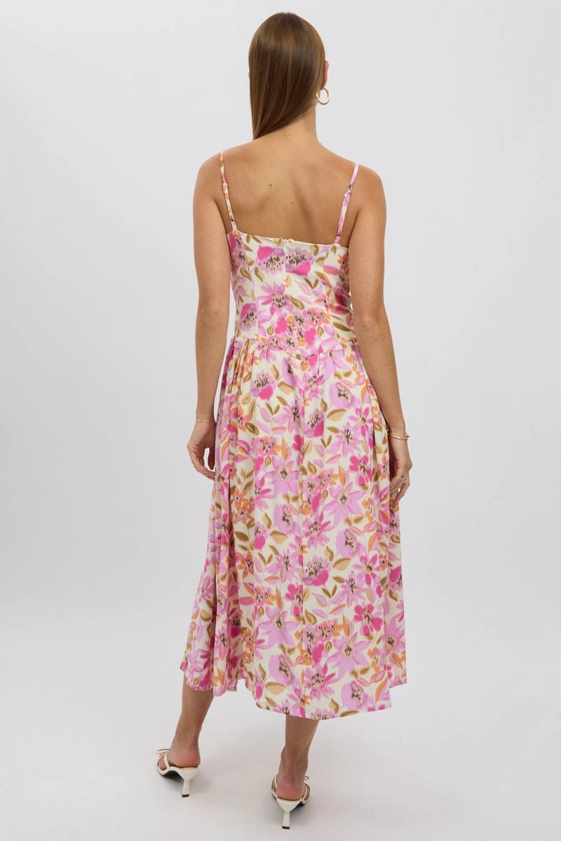 Multi Floral Midi Dress Corset Detail