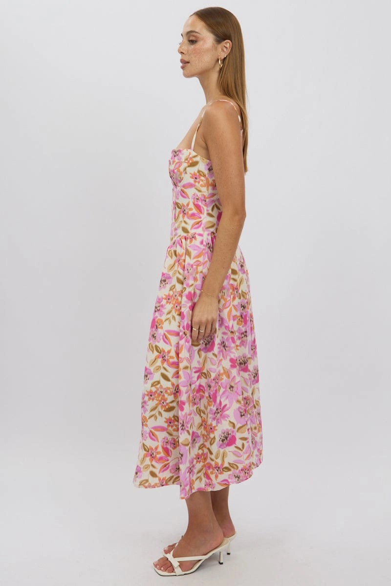 Multi Floral Midi Dress Corset Detail