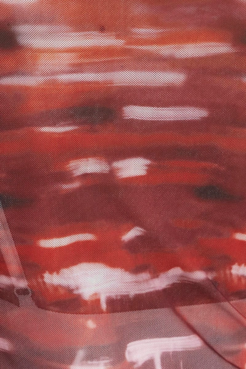 Orange Abstract Top Round Neck Long Sleeve Mesh Abstract Print