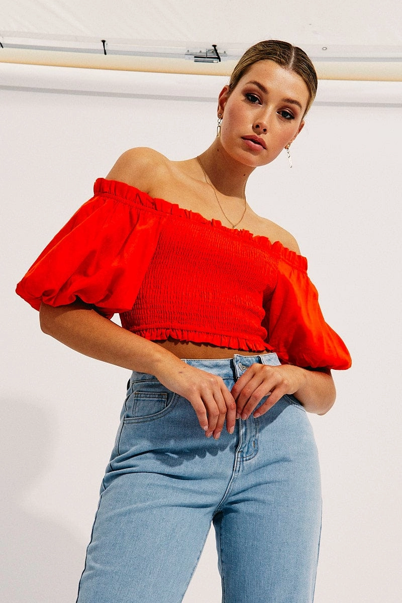 Orange Shirred Top Volume Short Sleeve Crop Linen Blend