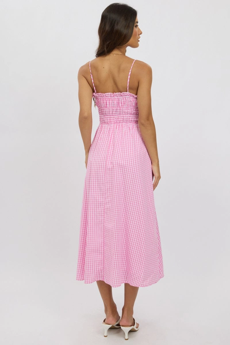 Pink Check Midi Dress Ribbon Detail Strappy