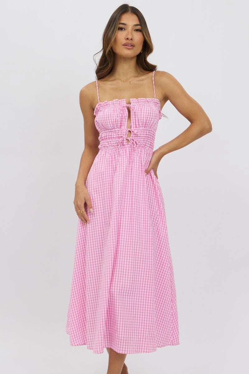 Pink Check Midi Dress Ribbon Detail Strappy