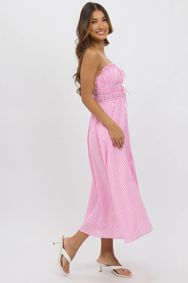 Pink Check Midi Dress Ribbon Detail Strappy