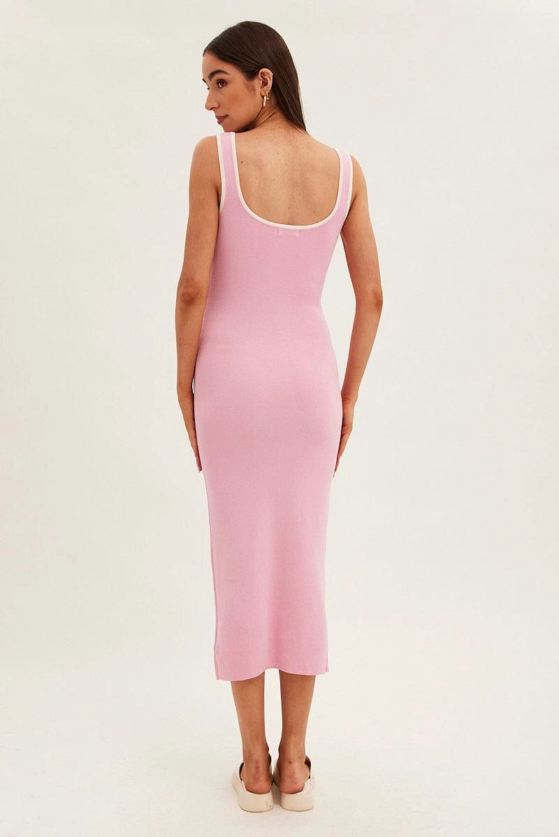 Pink Knit Dress Midi Sleeveless Contrast Binding