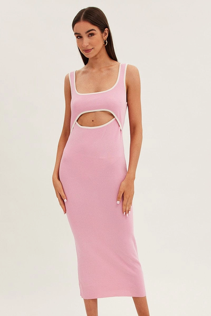 Pink Knit Dress Midi Sleeveless Contrast Binding