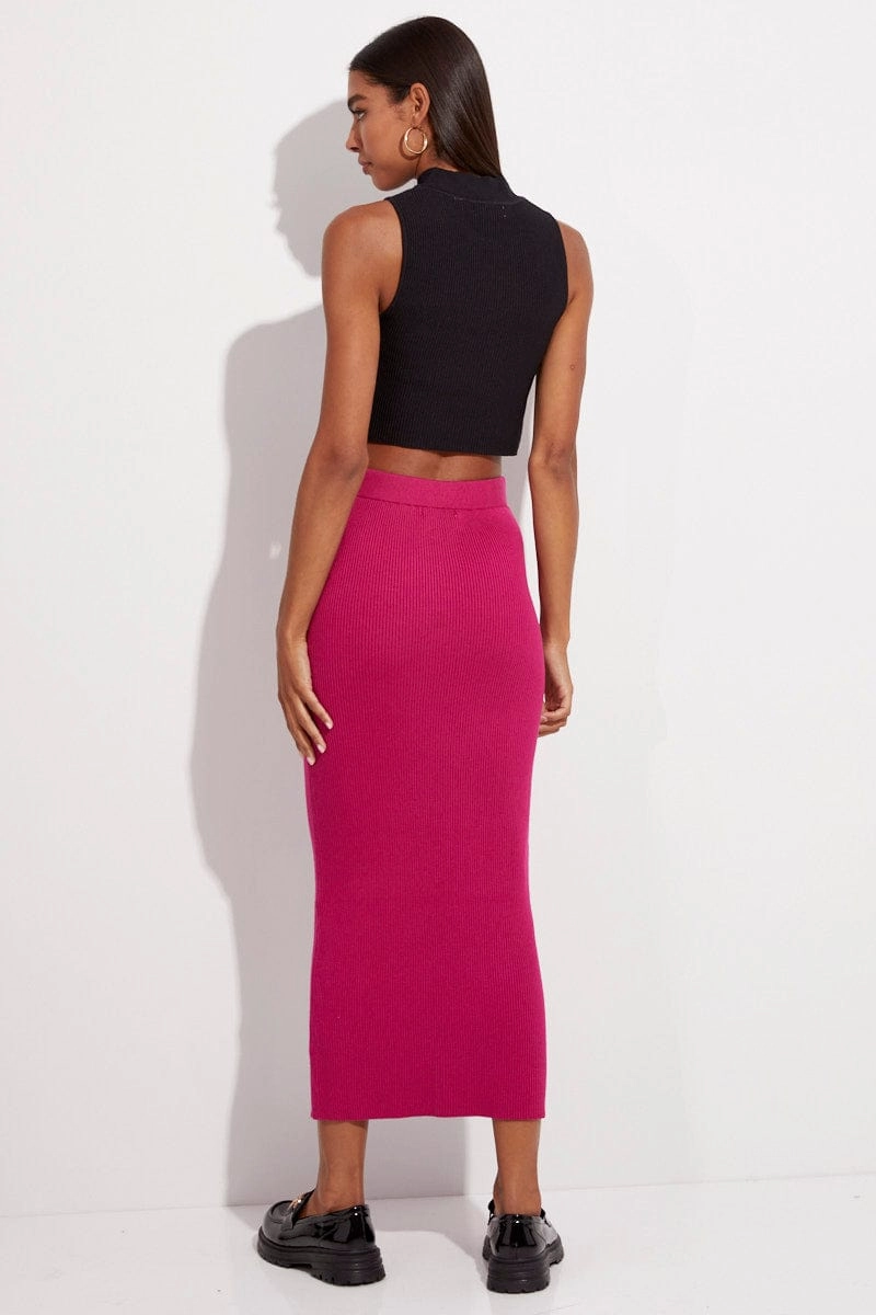 Pink Knit Skirt Midi High Rise