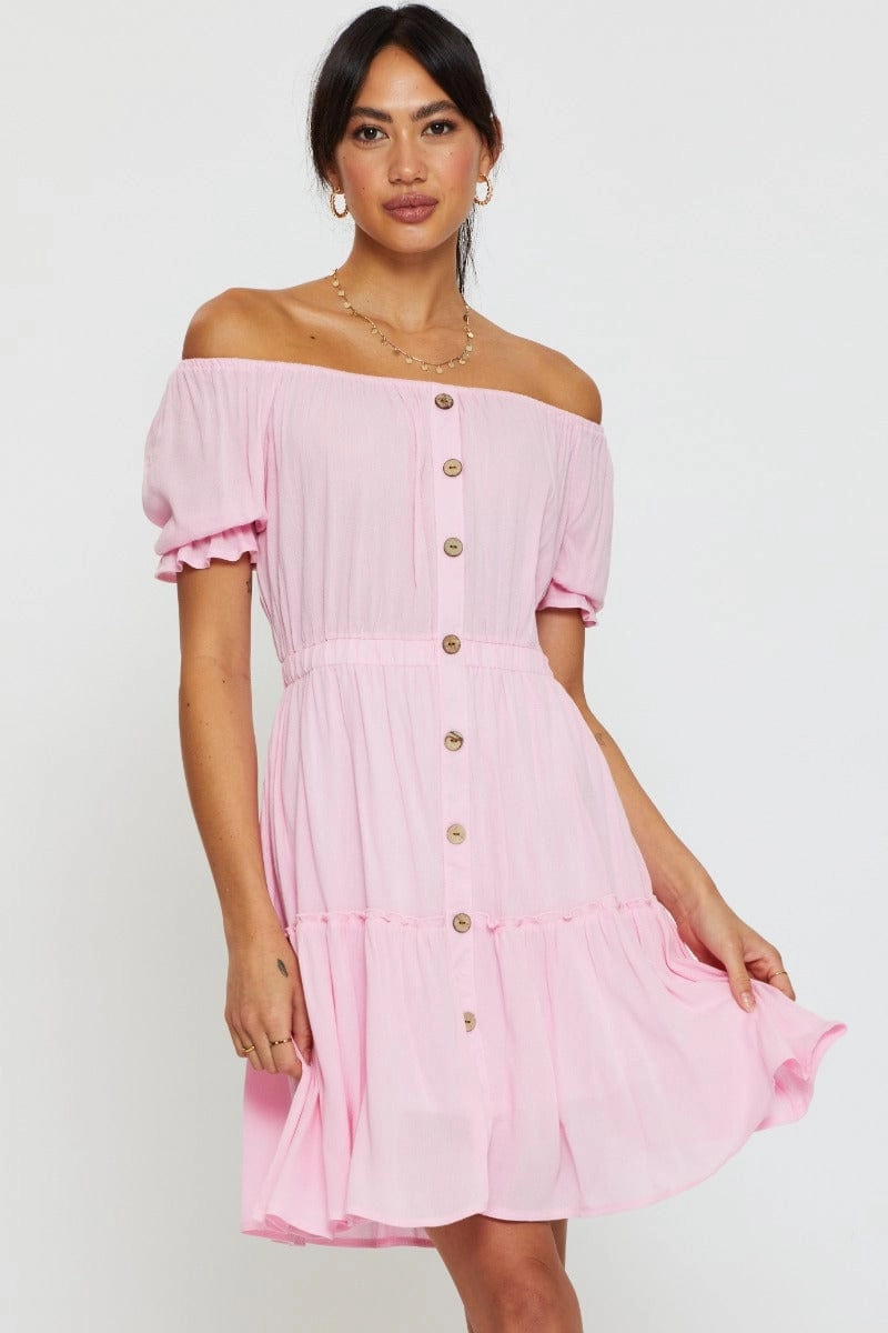 Pink Mini Dress Off Shoulder Linen