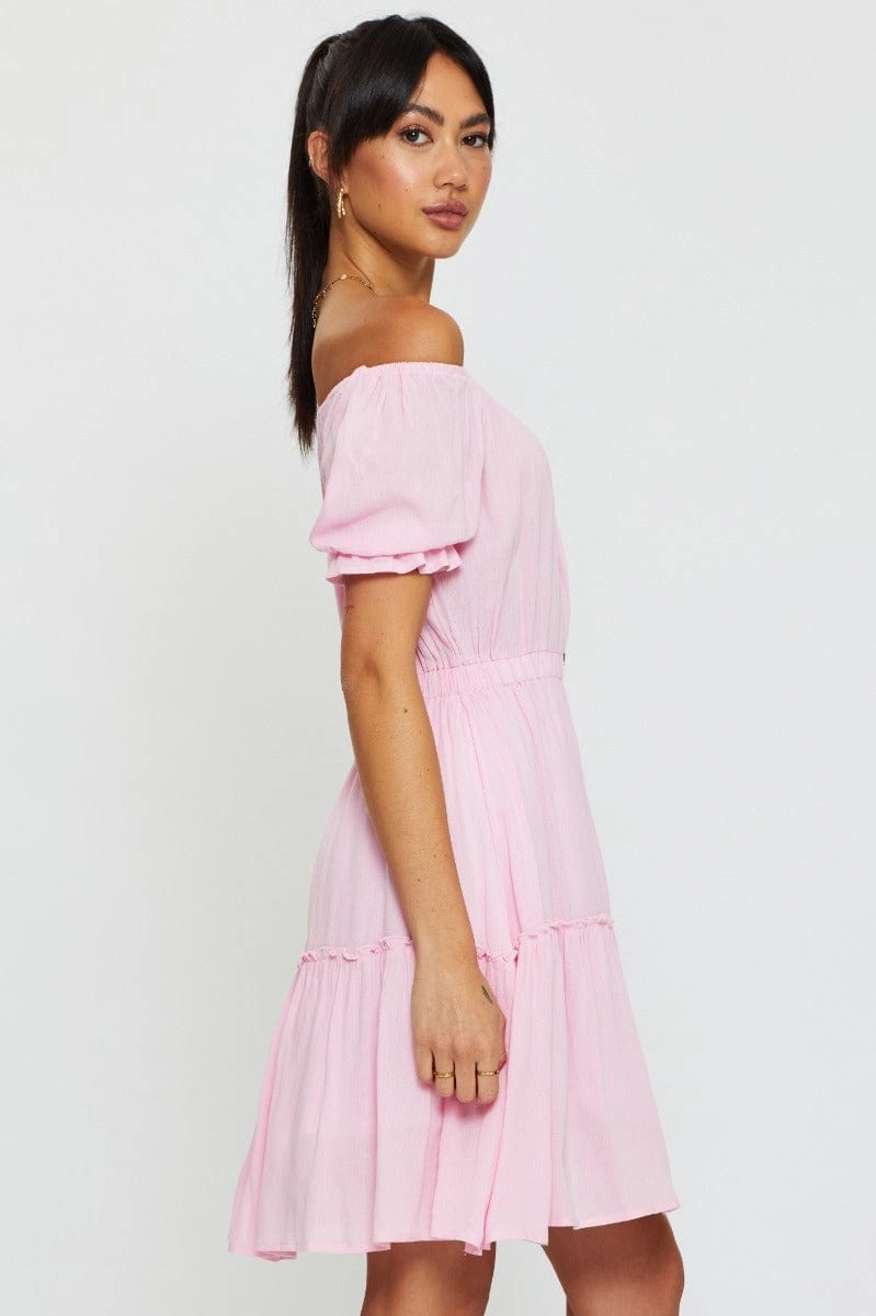 Pink Mini Dress Off Shoulder Linen