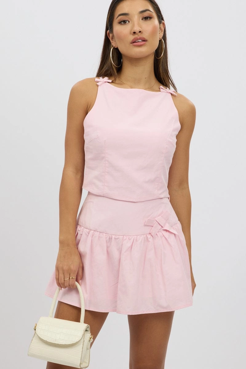 Pink Mini Skort High Rise Lined Bow Detail