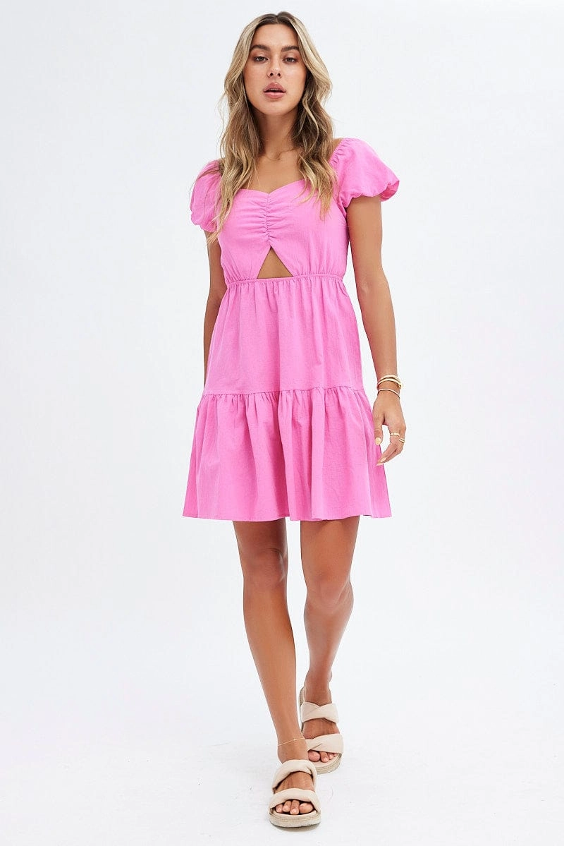 Pink Puff Sleeve Cut Out Skater Dress