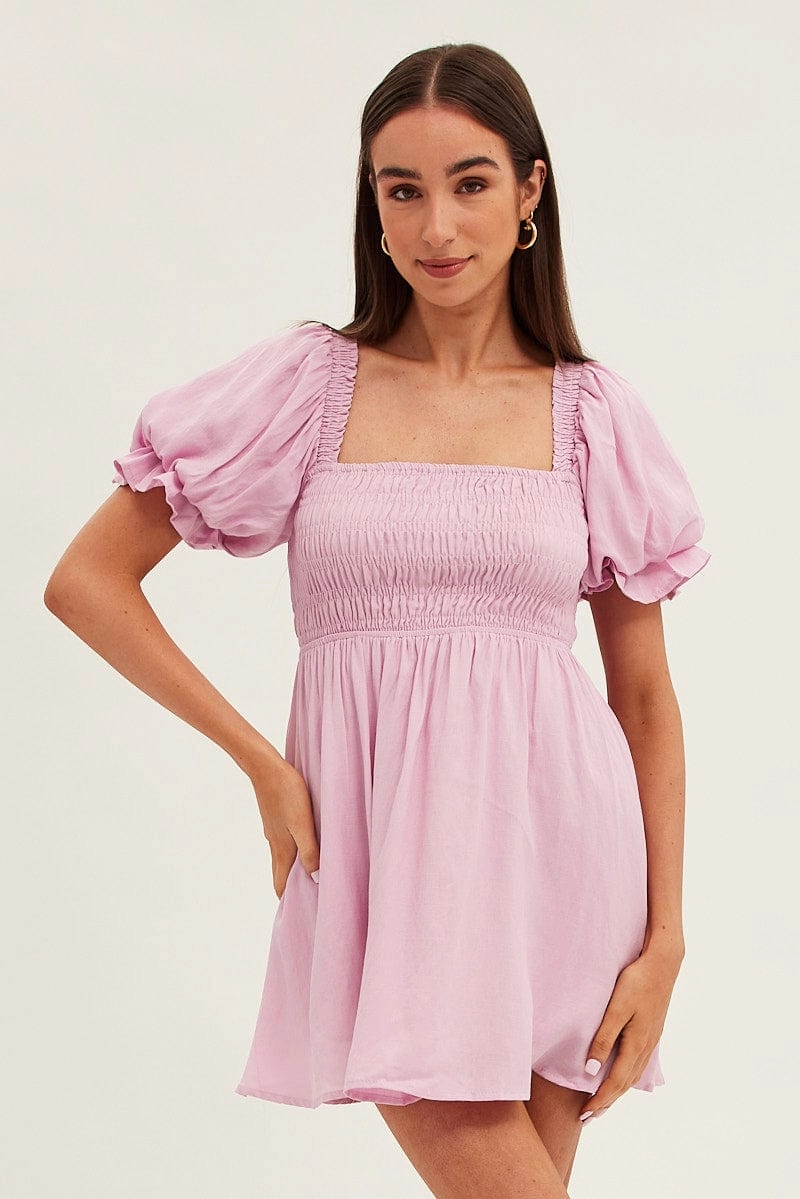 Pink Skater Dress Square Neck Short Sleeve