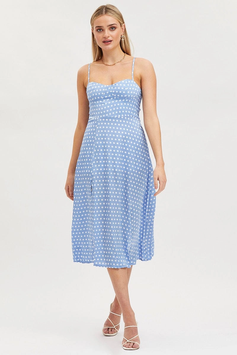 Polka Dot Midi Dress Sleeveless Sweetheart Neckline