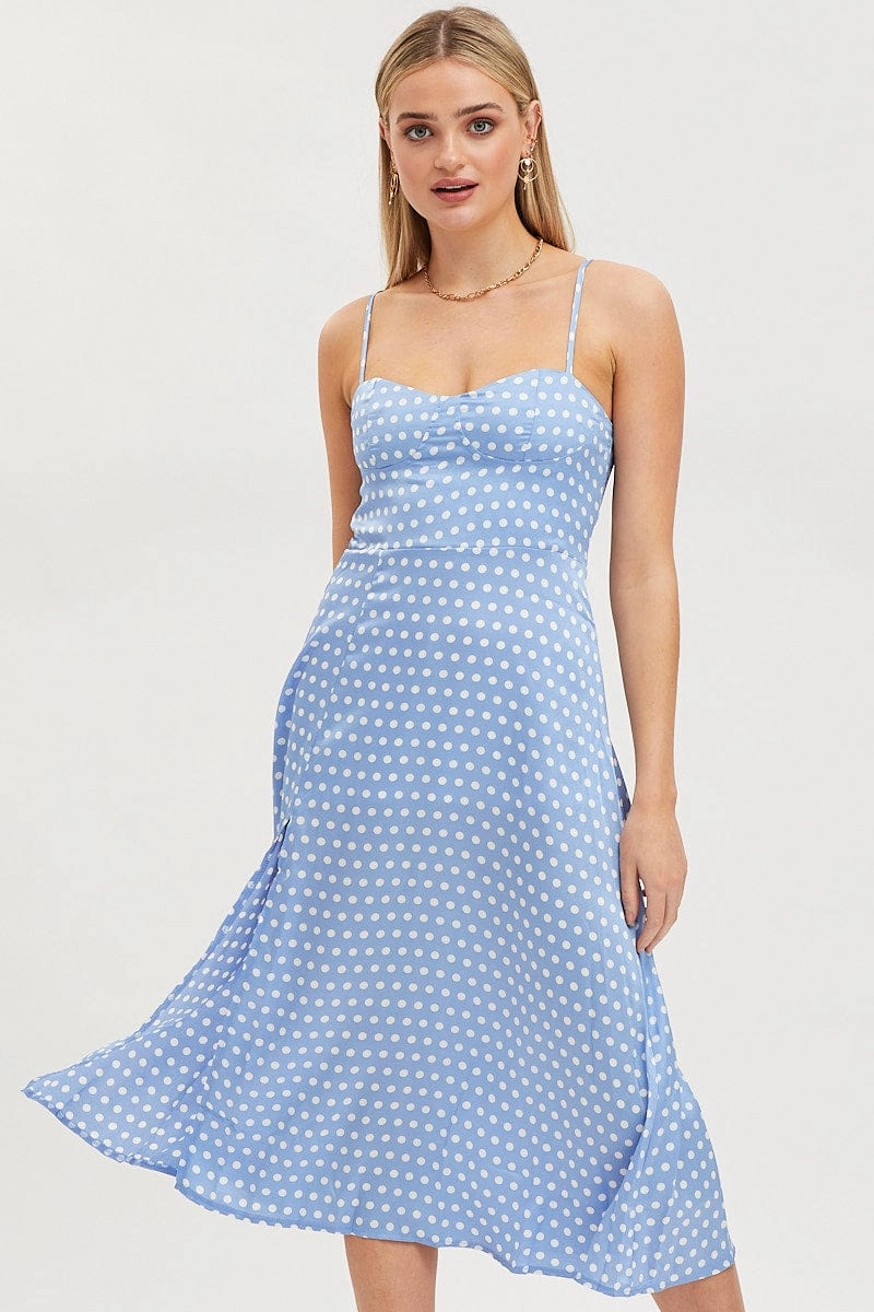 Polka Dot Midi Dress Sleeveless Sweetheart Neckline