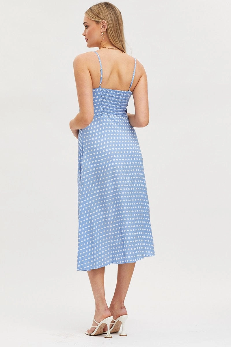 Polka Dot Midi Dress Sleeveless Sweetheart Neckline