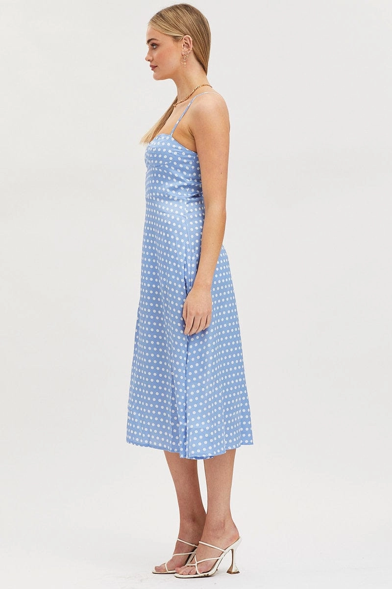 Polka Dot Midi Dress Sleeveless Sweetheart Neckline