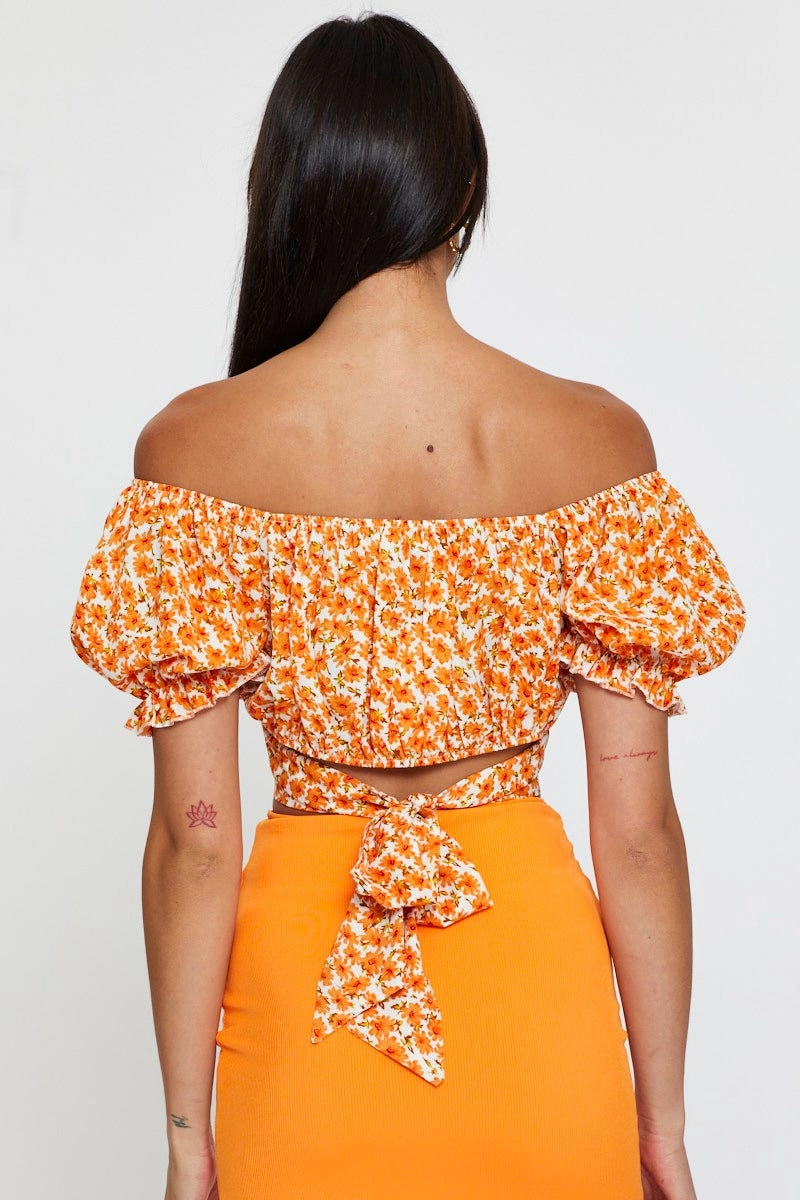 Print Crop Top Short Sleeve Off Shoulder