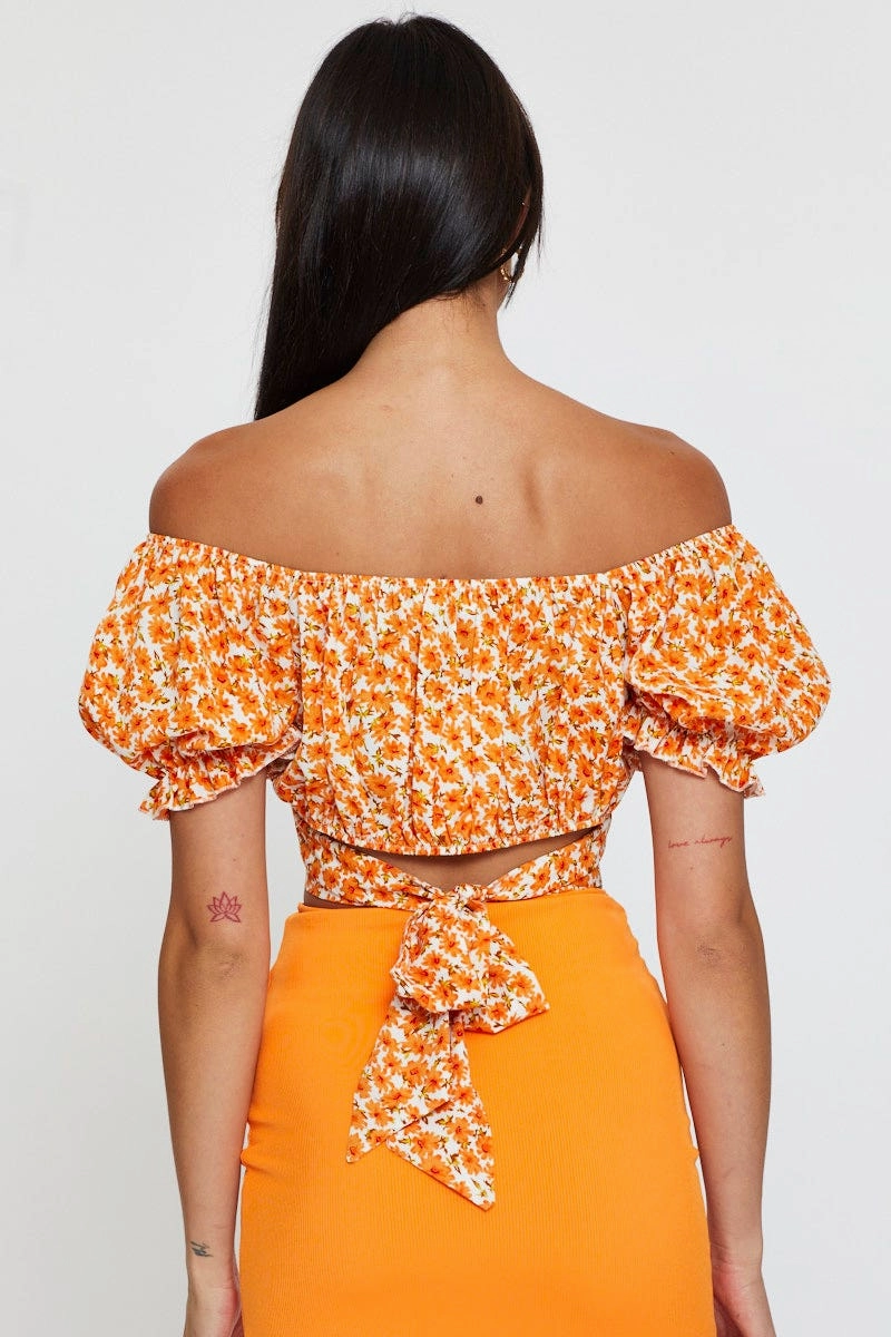 Print Crop Top Short Sleeve Off Shoulder