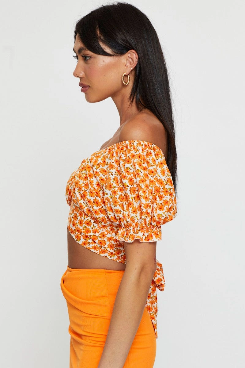 Print Crop Top Short Sleeve Off Shoulder