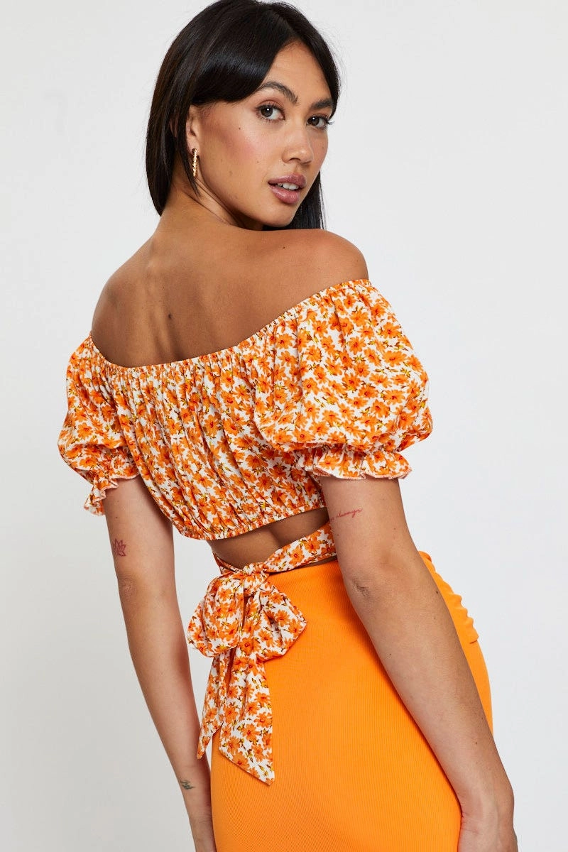 Print Crop Top Short Sleeve Off Shoulder