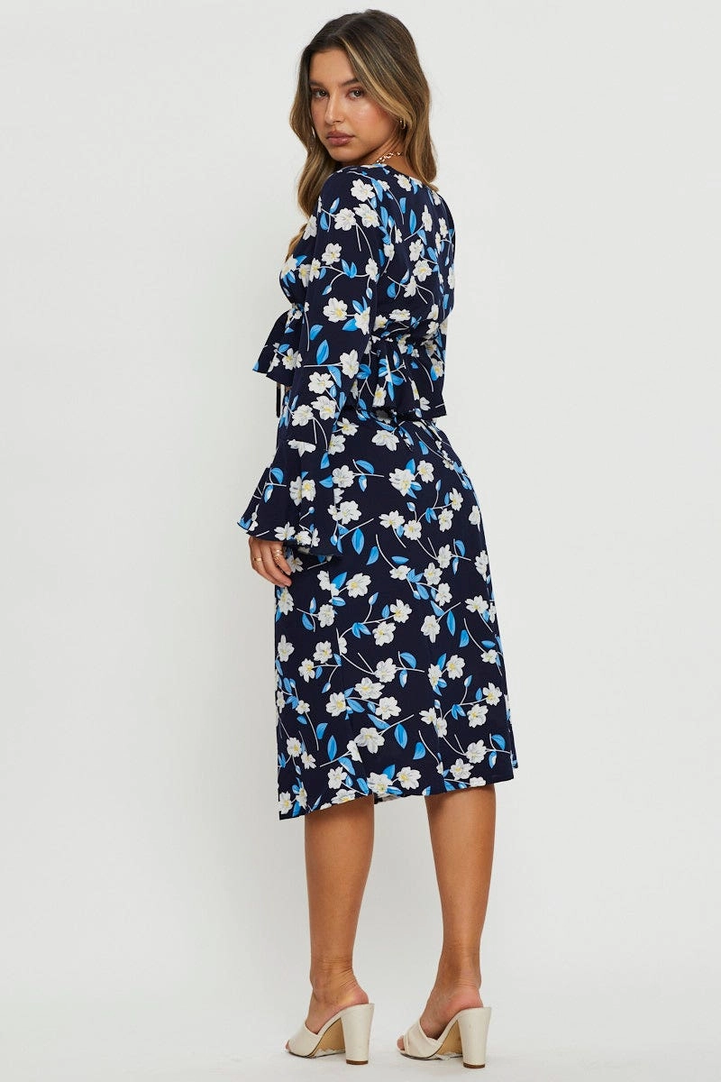 Print Midi Skirt Tie Waist