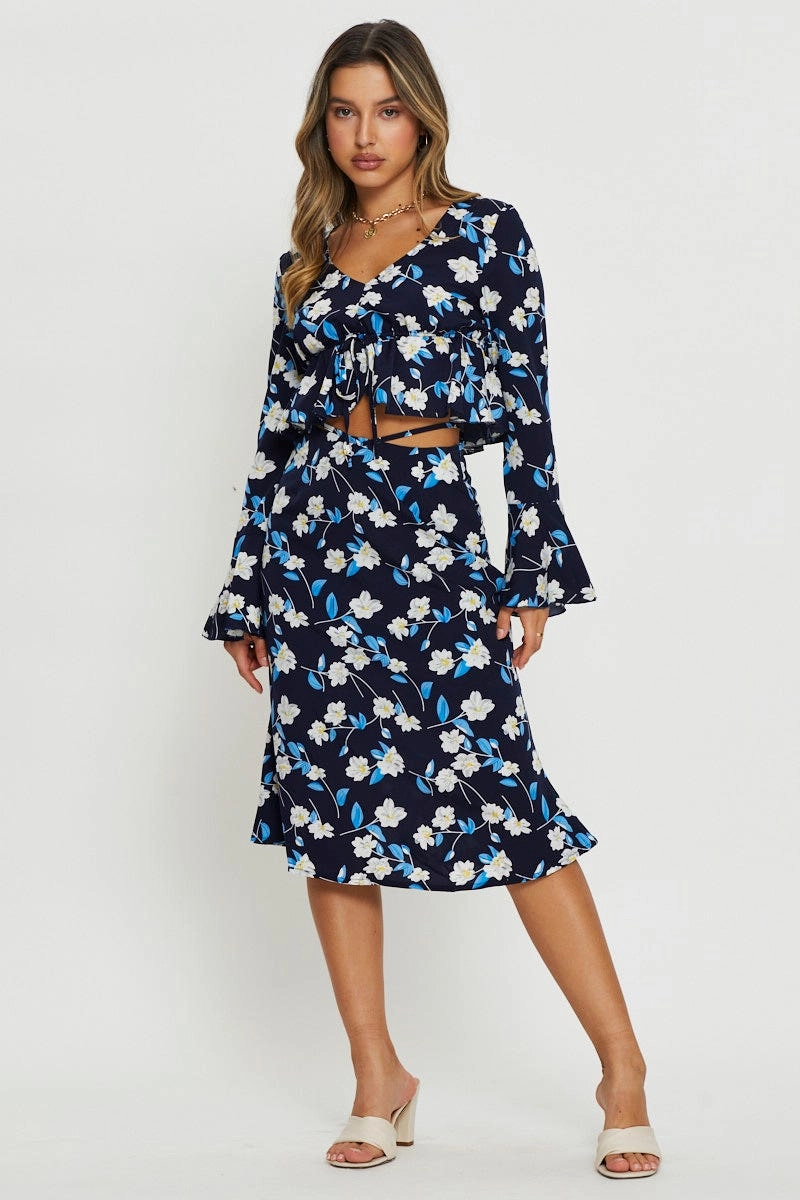 Print Midi Skirt Tie Waist