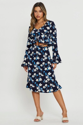 Print Midi Skirt Tie Waist