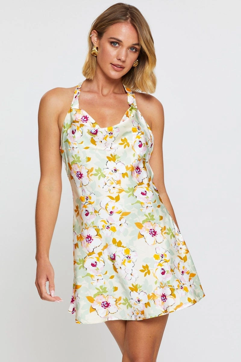 Print Mini Dress Cowl Neck