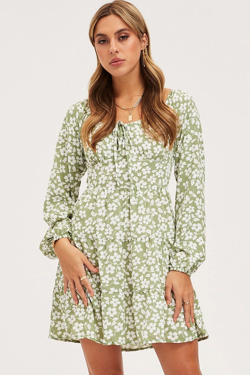 Print Mini Dress Long Sleeve Square Neck