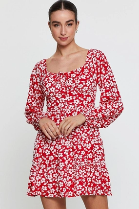 Print Mini Dress Long Sleeve Square Neck